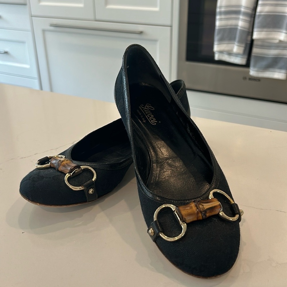 Gucci Monogram Bamboo Horsebit ballerina flats black ballet flat canvas